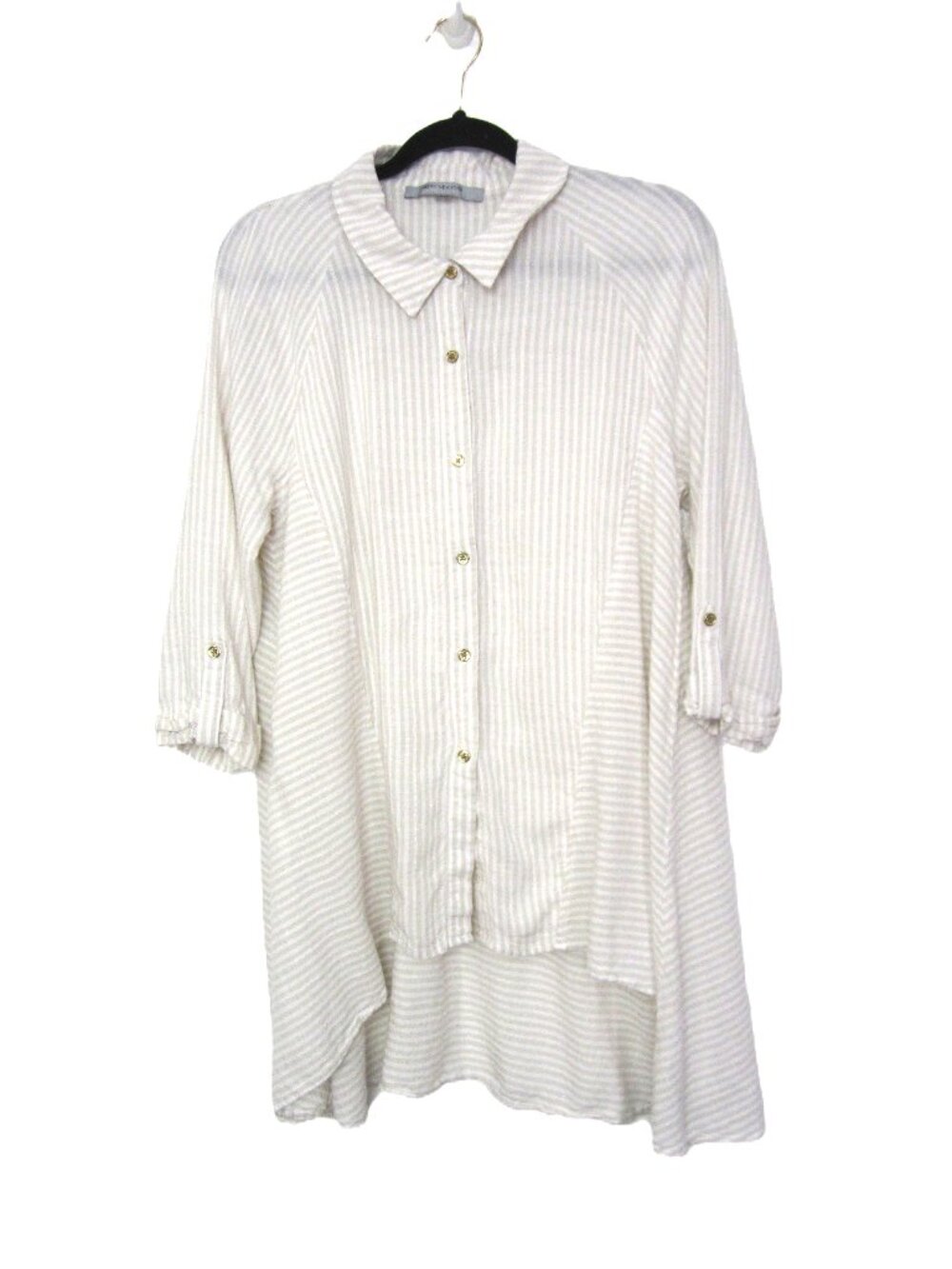 Andrew Marc New York Size L Longline Lagenlook Tunic Beige White Stripe High Low